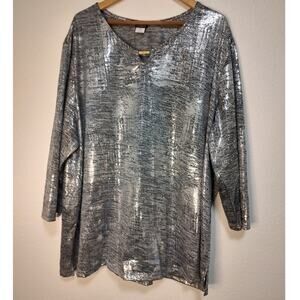 Salon Studio Silver Grey Sequined Round Neck 3/4 Sleeve Pullover Blouse Size 4X